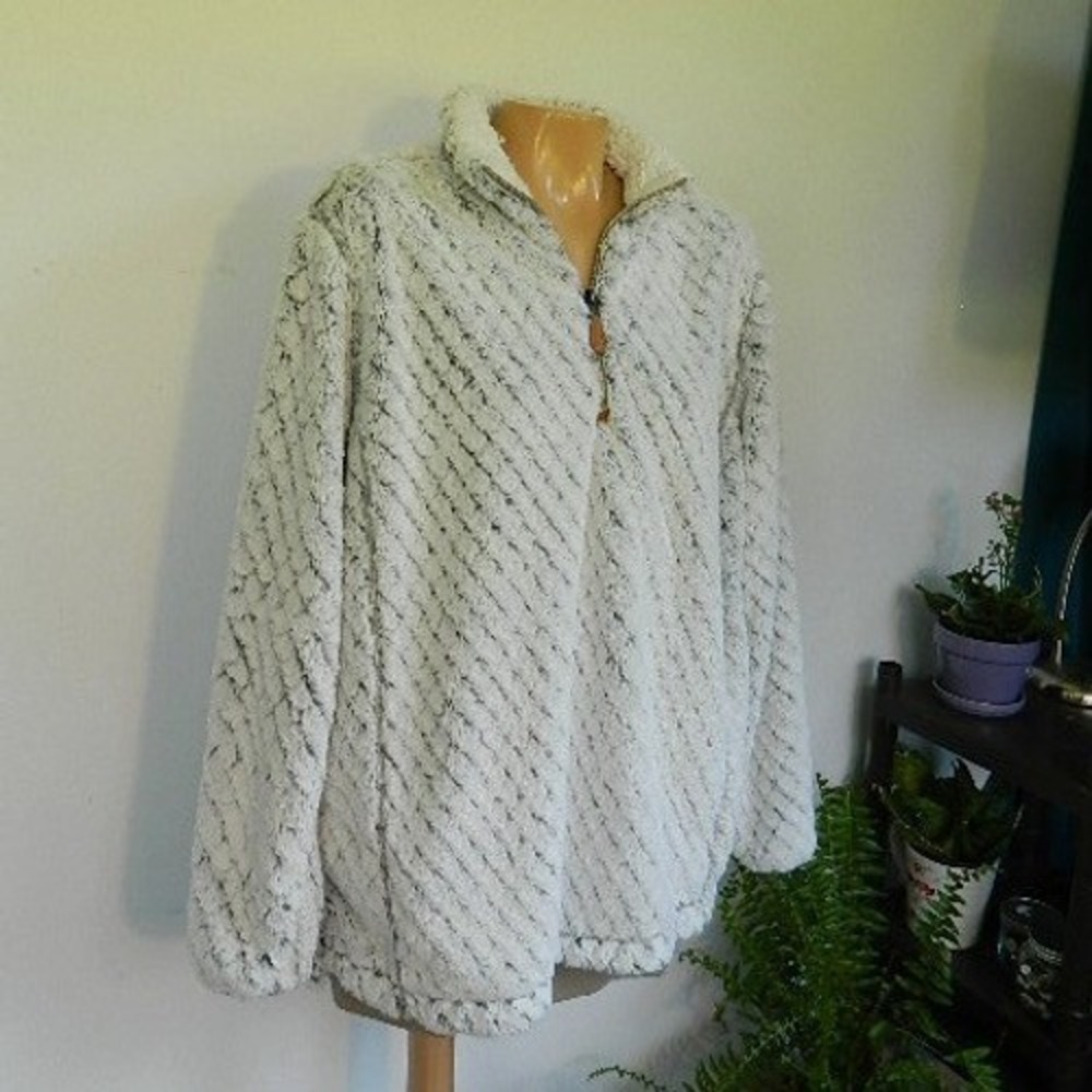 Jess Lea Sherpa Pullover Women XL Cream‎ Charcoal Diagonal Stripe Quarter Zip